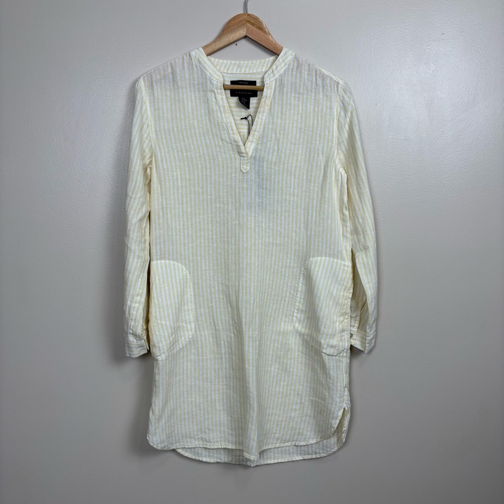 Tahari Dress Womens XS Yellow White Stripe 100% Linen Roll Tab Pockets V Neck